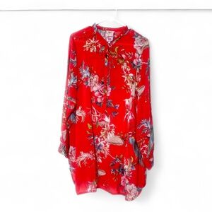 Like New JOHNNY WAS Red W/Floral & Blue Birds Long-Sleeve Sheer Shirtdress sz L